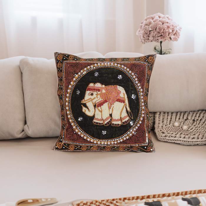 Elephant Tapestry Beaded Embroidered Cushion- Thailand