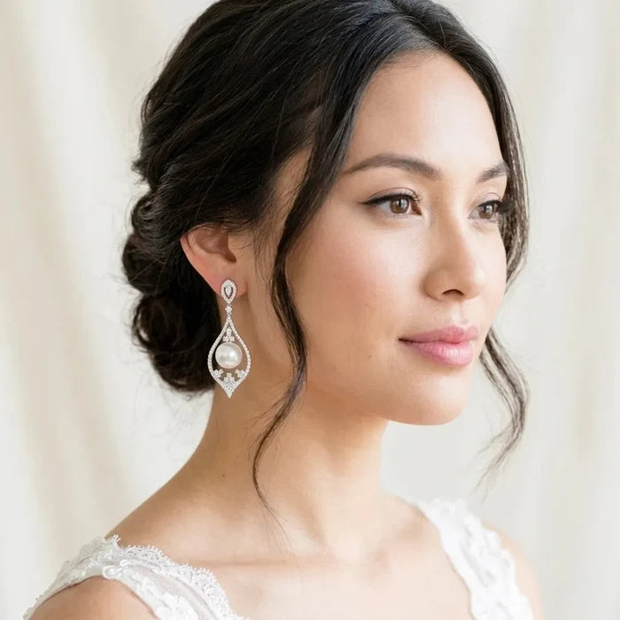 Pearl Wedding Jewelry - Pearl and Cubic Zirconia Bridal Earrings
