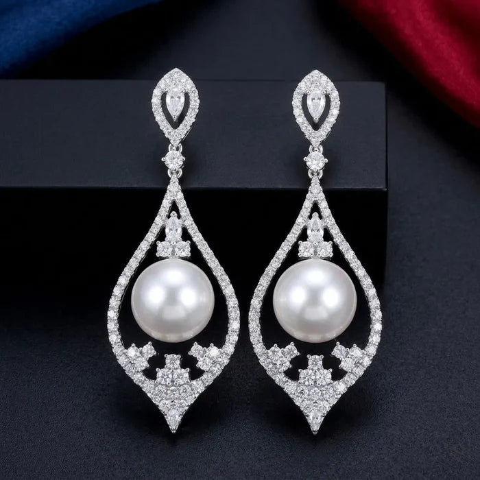 Pearl Wedding Jewelry - Pearl and Cubic Zirconia Bridal Earrings