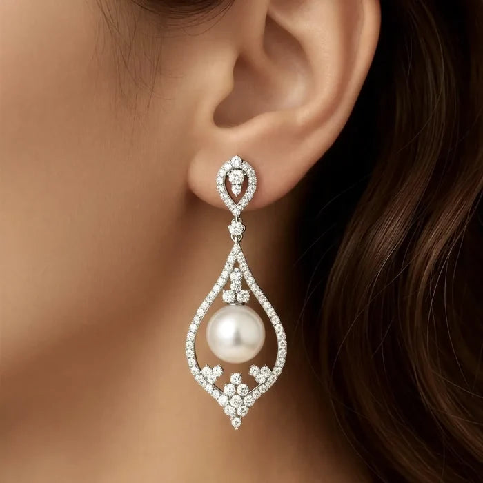 Pearl Wedding Jewelry - Pearl and Cubic Zirconia Bridal Earrings