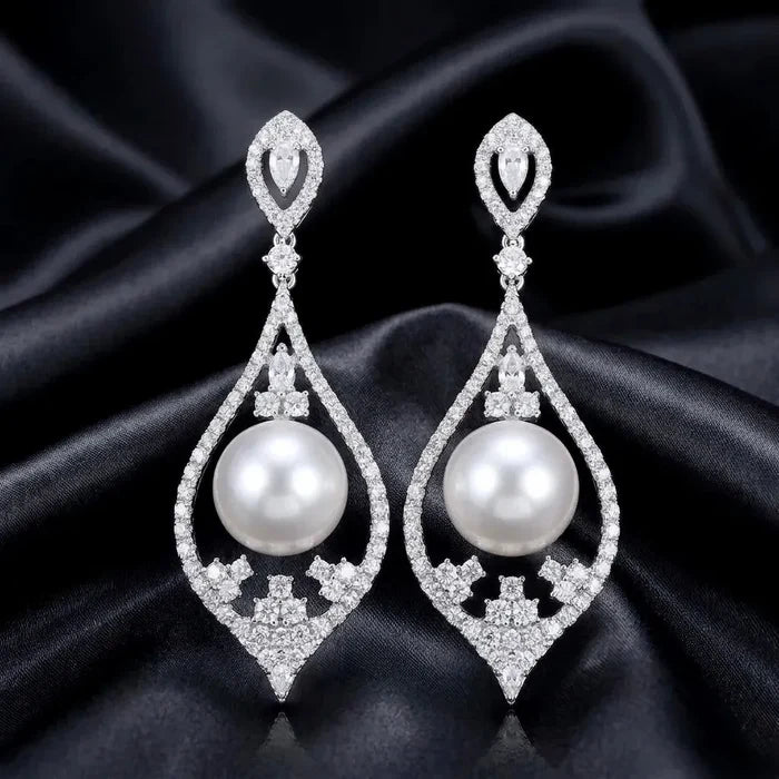 Pearl Wedding Jewelry - Pearl and Cubic Zirconia Bridal Earrings