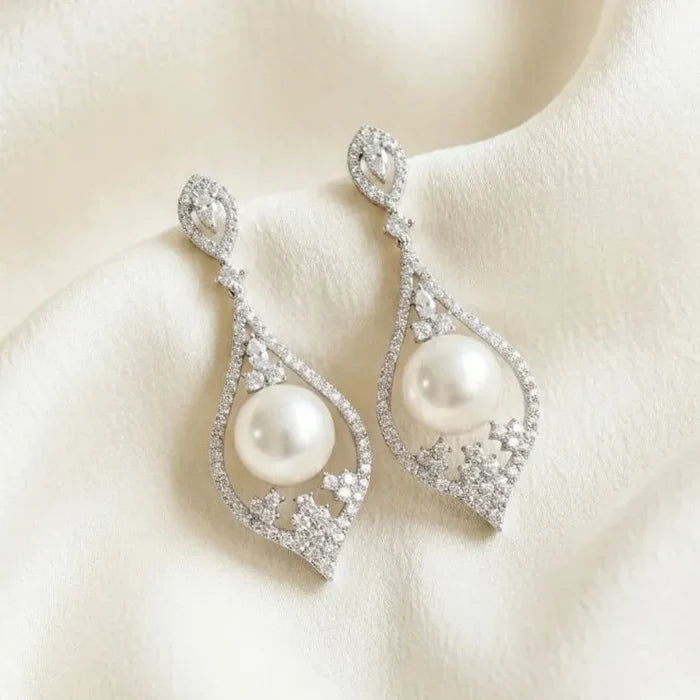Pearl Wedding Jewelry - Pearl and Cubic Zirconia Bridal Earrings