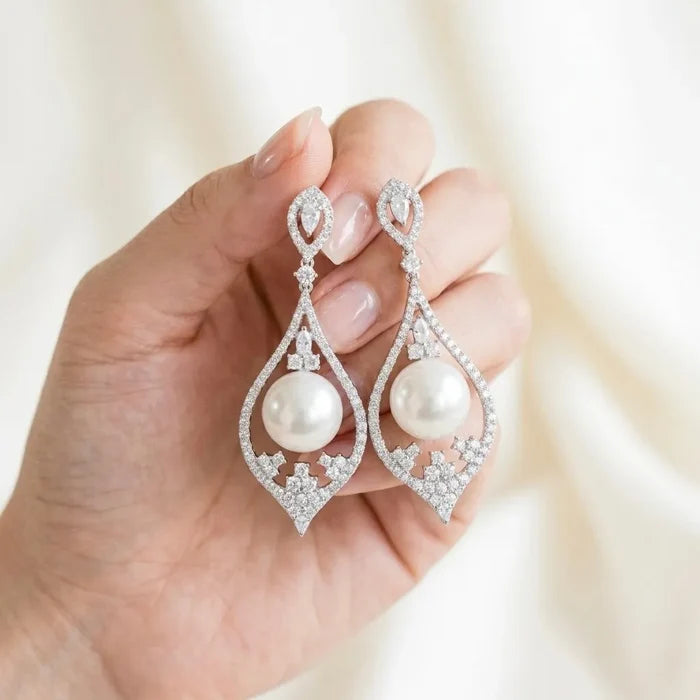 Pearl Wedding Jewelry - Pearl and Cubic Zirconia Bridal Earrings