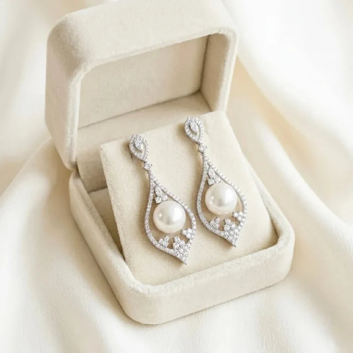 Pearl Wedding Jewelry - Pearl and Cubic Zirconia Bridal Earrings
