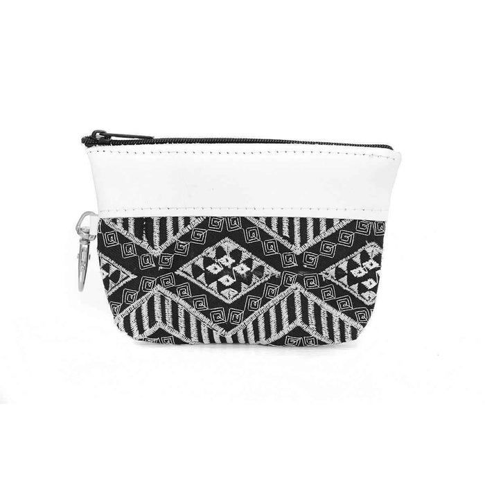 Embroidered Coin Purse Leather Trim Boho Zip Pouch Keychain Wallet Fair Trade - Thailand