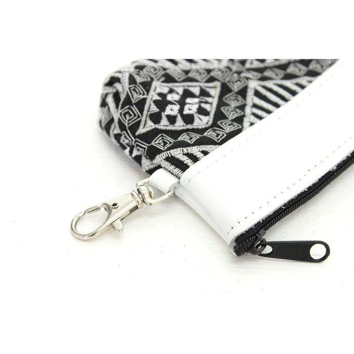 Embroidered Coin Purse Leather Trim Boho Zip Pouch Keychain Wallet Fair Trade - Thailand