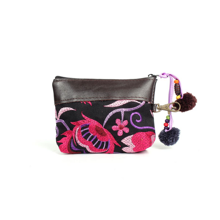 Embroidered Coin Purse Leather Trim Boho Zip Pouch Keychain Wallet Fair Trade - Thailand
