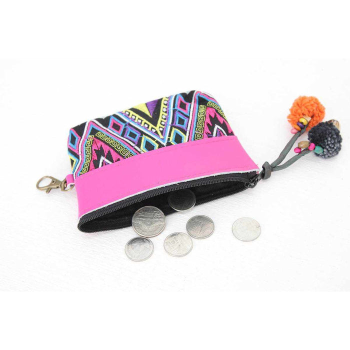 Embroidered Coin Purse Leather Trim Boho Zip Pouch Keychain Wallet Fair Trade - Thailand