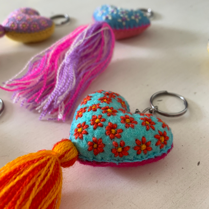 Embroidered Love Heart Tassel Keychain - Mexico