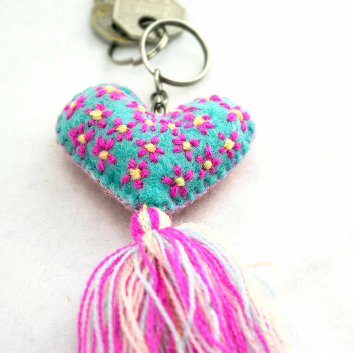 Embroidered Love Heart Tassel Keychain - Mexico