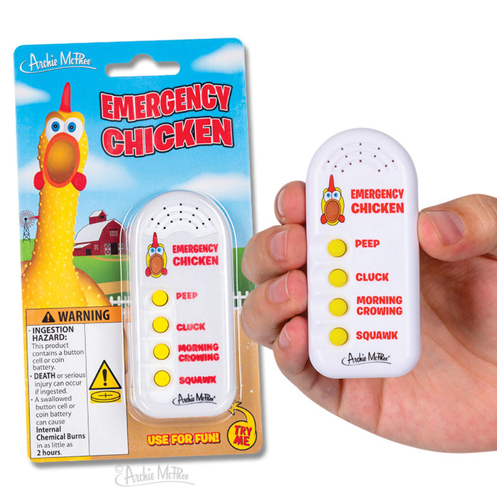 A hand holds the Emergency Chicken, an electronic noisemaker with buttons for various chicken sounds, featuring fun packaging.