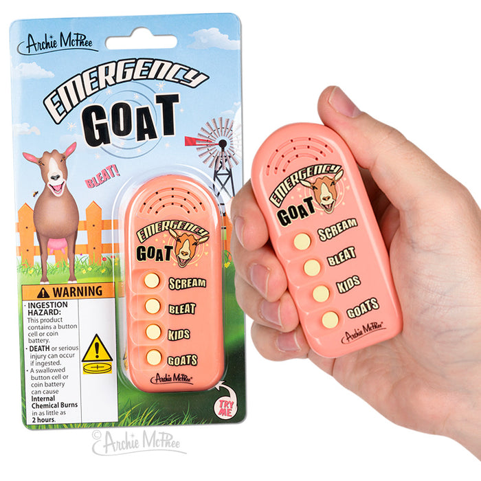 A hand holds the Emergency Goat, its packaging featuring a whimsical cartoon goat set against a colorful farm backdrop. This amusing device, ideal for creating electronic goat sounds, is bound to be popular.
