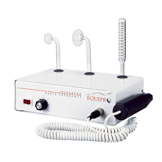 Equipro Infraderm High-Frequency Facial Machine Model 11300 featuring three electrodes (large violet mushroom, small pink mushroom, indirect massage), compact design with retractable coiled handle, and integrated electrode holders.