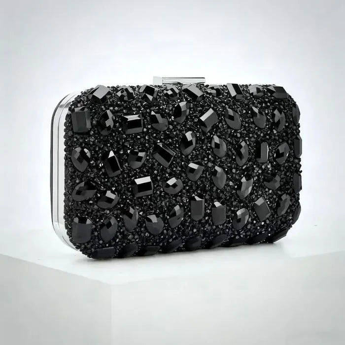Black Crystal Bridal Clutch With Silver Trim | Elegant Black Evening Bag