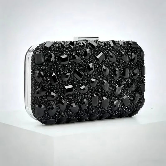 Black Crystal Bridal Clutch With Silver Trim | Elegant Black Evening Bag