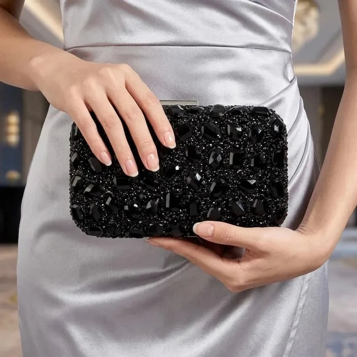 Black Crystal Bridal Clutch With Silver Trim | Elegant Black Evening Bag