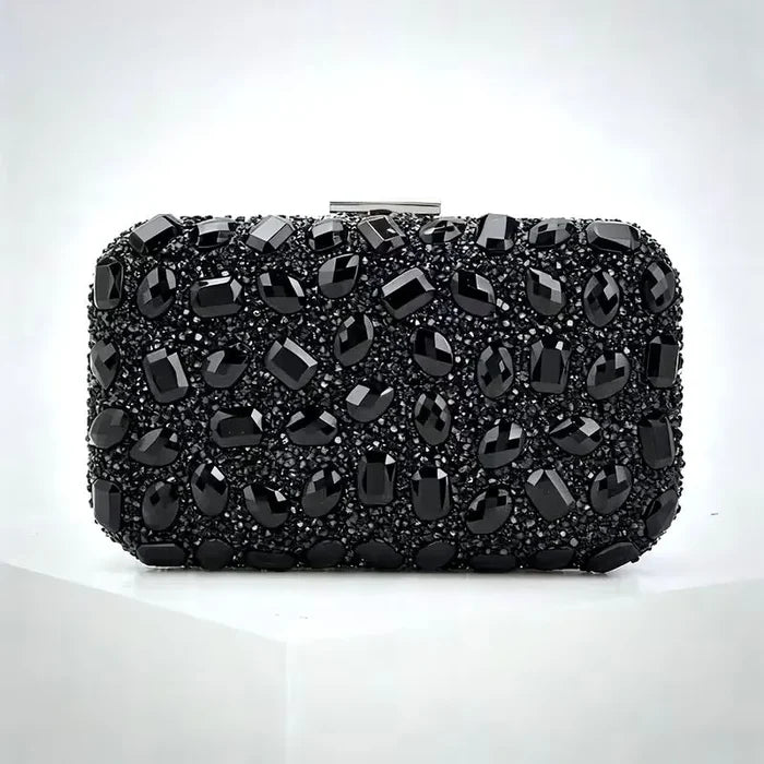 Black Crystal Bridal Clutch With Silver Trim | Elegant Black Evening Bag