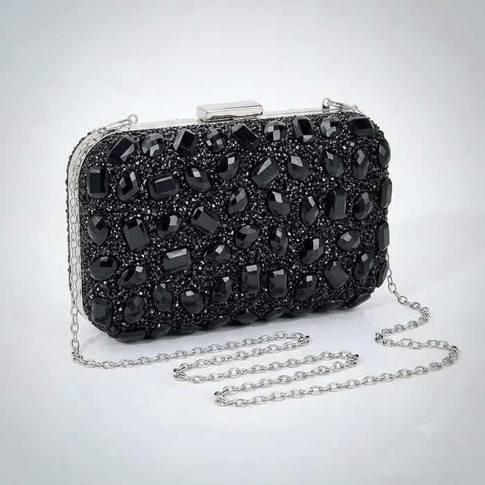 Black Crystal Bridal Clutch With Silver Trim | Elegant Black Evening Bag