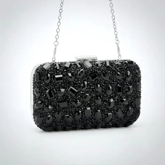 Black Crystal Bridal Clutch With Silver Trim | Elegant Black Evening Bag