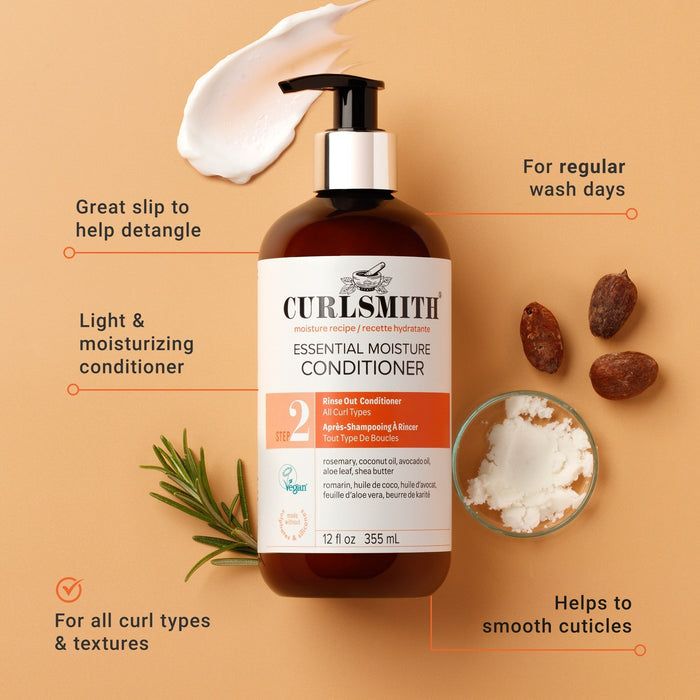 Curlsmith conditioner bottle with ingredients and benefits on a beige background