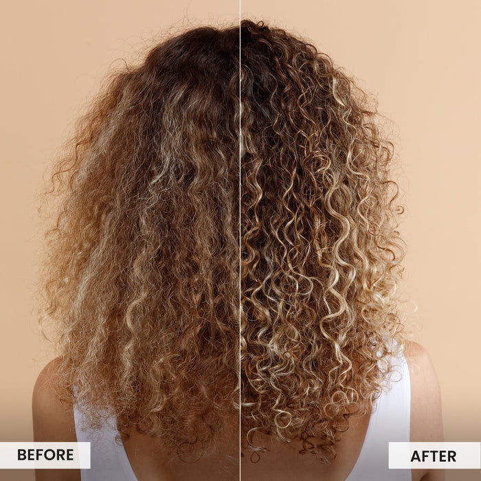 Before and after comparison of curly hair on a beige background