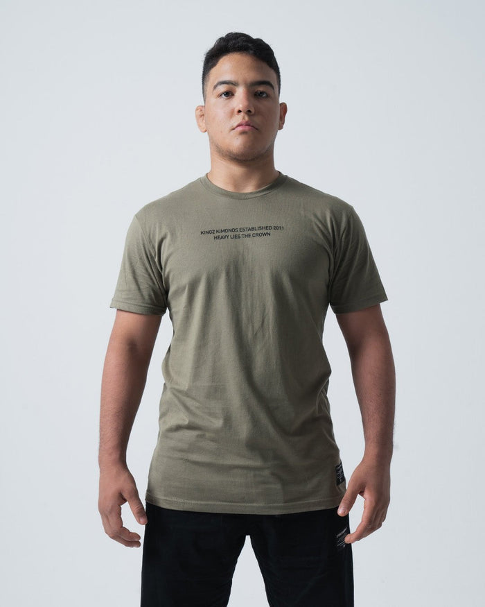 Kingz Est. 2011 Tee Military Green - Full Body Front View Male Athlete Black Text Chest Short Sleeve Crew Neck Streetwear Casual BJJ Training Apparel [color:Military Green]