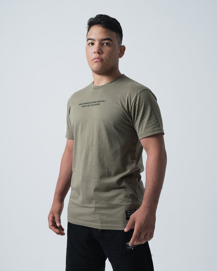 Kingz Est. 2011 Tee Military Green - Front View Male Athlete Short Sleeve Military Green Black Text Chest Patch Hem Casual Fit Streetwear [color:Military Green]