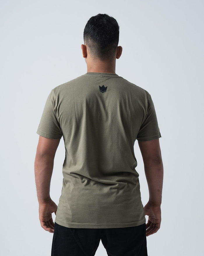 Kingz Est. 2011 Tee Military Green - Back View Male Athlete Black Crown Logo Upper Back Plain Design Short Sleeve Relaxed Fit Streetwear [color:Military Green]