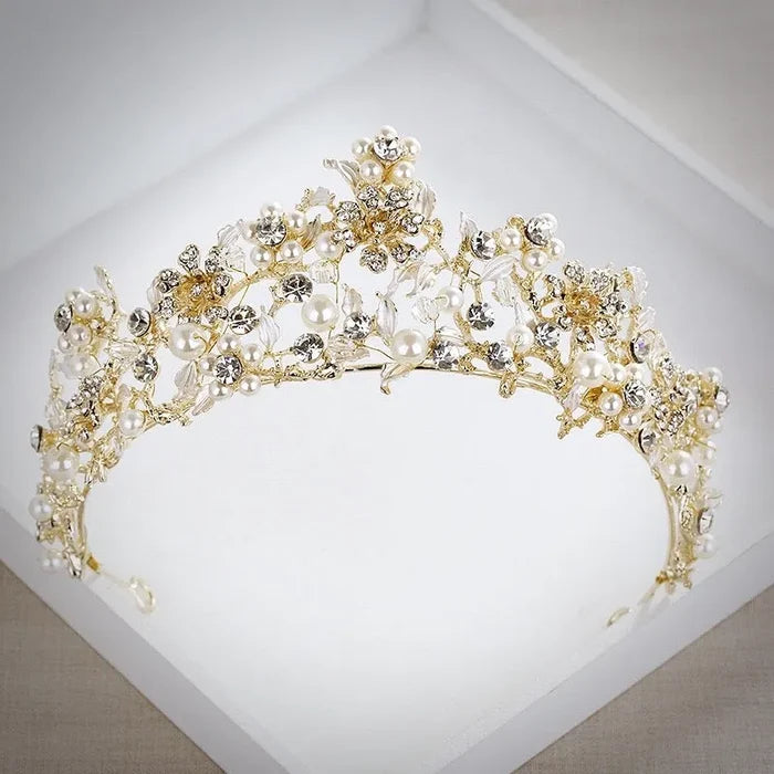 "Estelle" - Gold Pearl and Cubic Zirconia Bridal Tiara