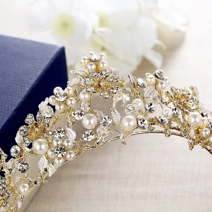 "Estelle" - Gold Pearl and Cubic Zirconia Bridal Tiara