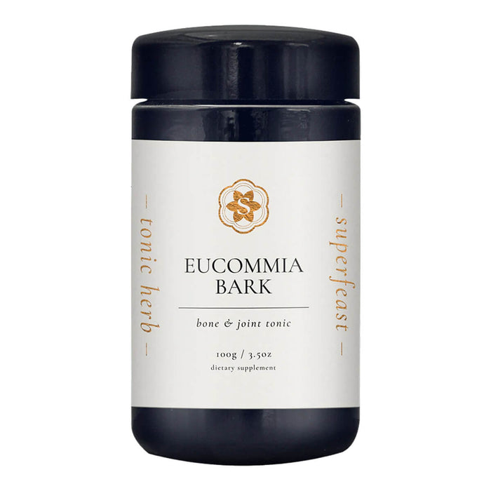 Jar of Eucommia Bark with a black lid on a white background