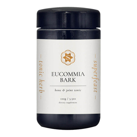 Jar of Eucommia Bark with a black lid on a white background