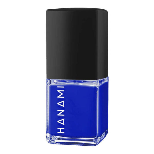 Blue nail polish bottle with black cap on a white background.