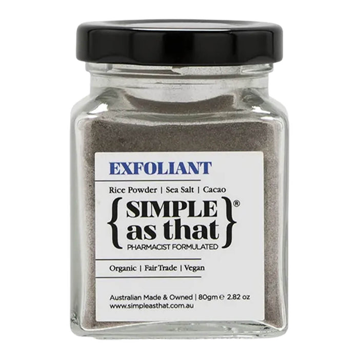 Glass jar of exfoliant with 'Simple as That' label on a white background