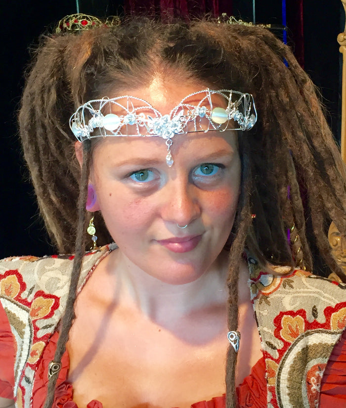 Model wearing Fairy Queen Crown - Silver Wire Gemstone Floral Fantasy Headpiece