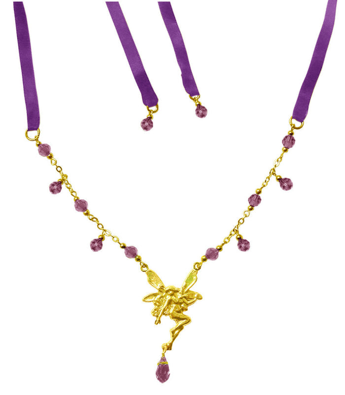 Gold Fairy Tie-On Crown and necklace with purple ribbon, fairy centerpiece, and purple crystal bead dangles, front view.
