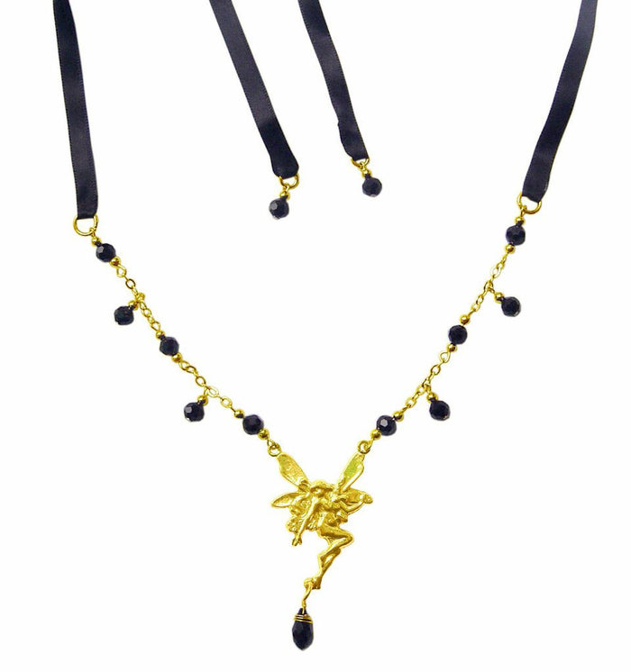 Gold Fairy Tie-On Crown and necklace with black ribbon ties, fairy centerpiece, and black crystal bead dangles, front view.