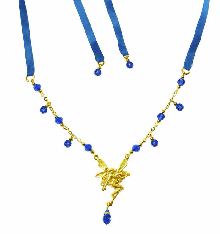 Gold Fairy Tie-On Crown and necklace with blue ribbon ties, fairy centerpiece, and blue crystal bead dangles, front view.