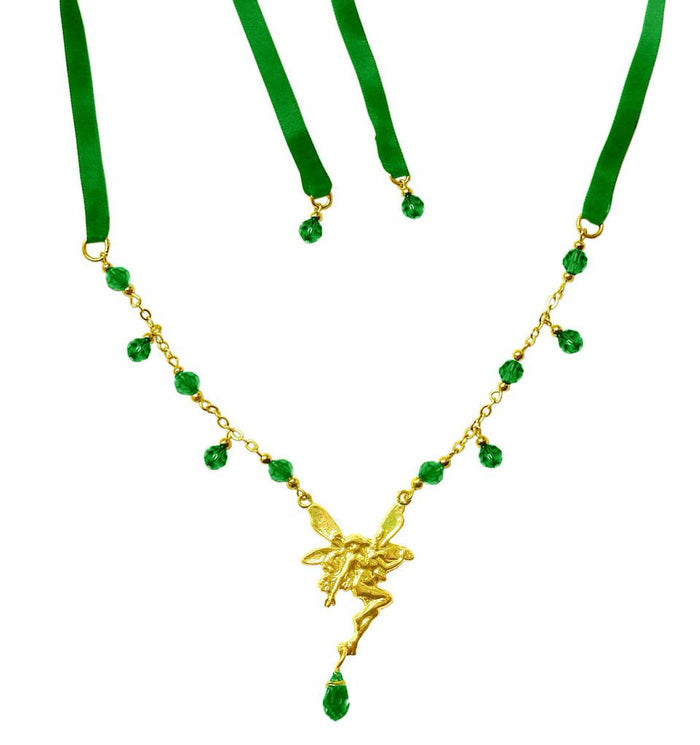 Gold Fairy Tie-On Crown and necklace with green ribbon ties, fairy centerpiece, and green crystal bead dangles, front view.