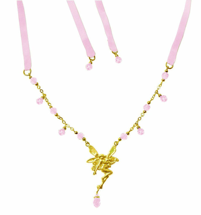 Gold Fairy Tie-On Crown and necklace with pink ribbon ties, fairy centerpiece, and pink crystal bead dangles, front view.