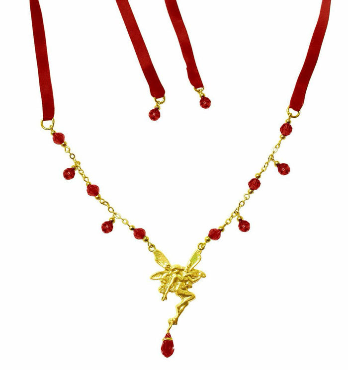 Gold Fairy Tie-On Crown and necklace with red ribbon ties, fairy centerpiece, and red crystal bead dangles, front view.
