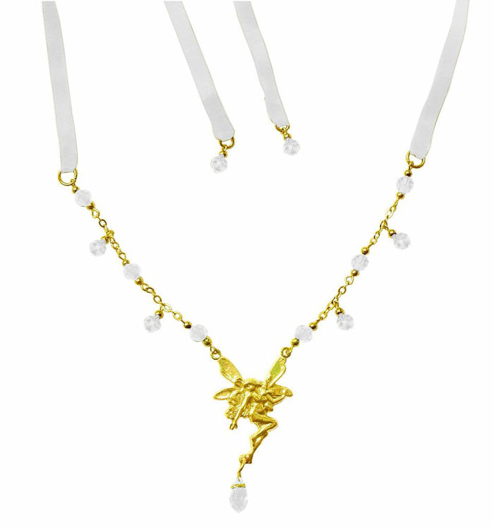 Gold Fairy Tie-On Crown and necklace with white ribbon ties, fairy centerpiece, and clear crystal bead dangles, front view.