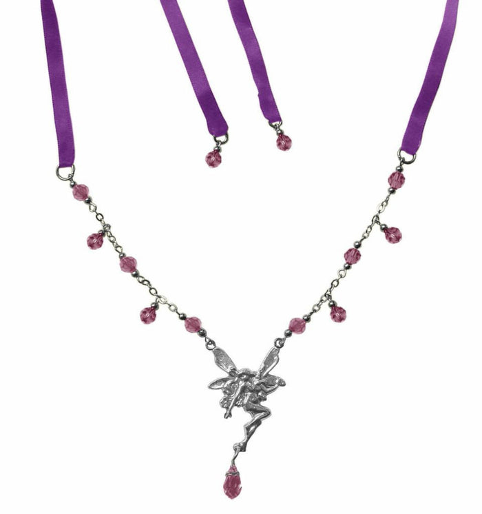 Silver Fairy Tie-On Crown and Necklace with purple ribbon ties, fairy pendant, and pink crystal bead accents, front view.