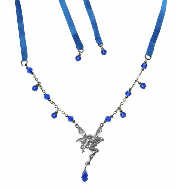 Fairy Tie-On Crown and Silver Ribbon Crown Necklace with blue crystal bead accents, front view.