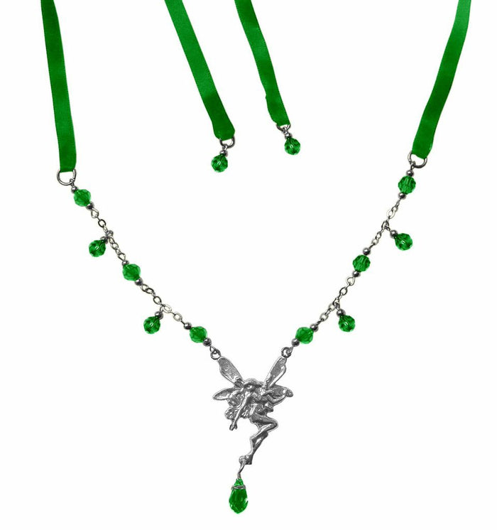 Silver Fairy Tie-On Crown and Necklace with green ribbon ties and green crystal bead accents, front view.