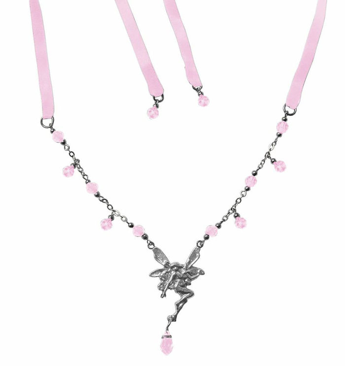 Silver Fairy Tie-On Crown and Necklace with pink ribbon ties and pink crystal bead accents, front view.