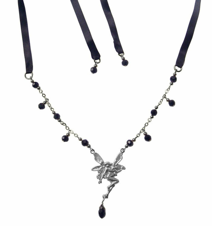 Silver Fairy Tie-On Crown and Necklace with black ribbon ties and black crystal bead accents, front view.