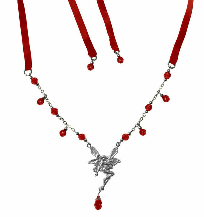 Silver Fairy Tie-On Crown and Necklace with red ribbon ties and red crystal bead accents, front view.