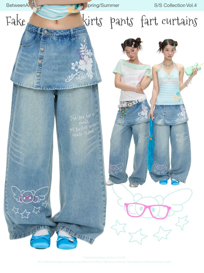Fake two piece denim skirt pants