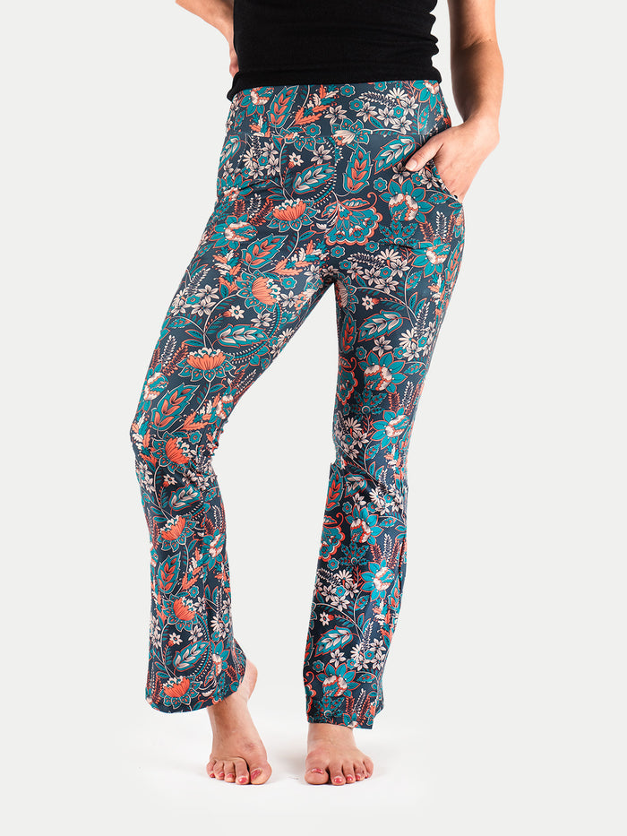 Festival Flared Printed Leggings | Green Orange Floral-Image 1
